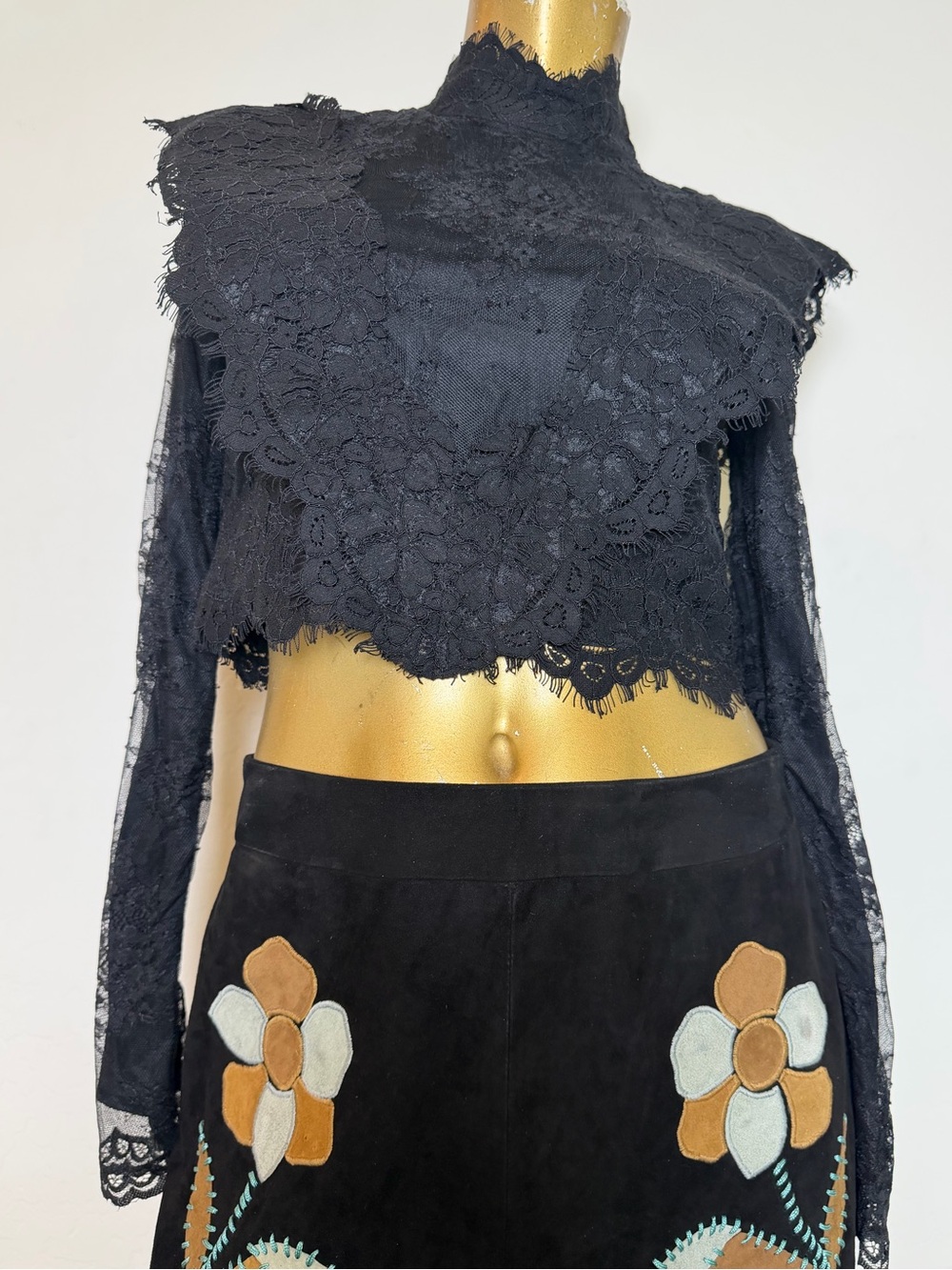 ELLIE MAKIR New York Black French lace high-neck long sleeve crop top size XS